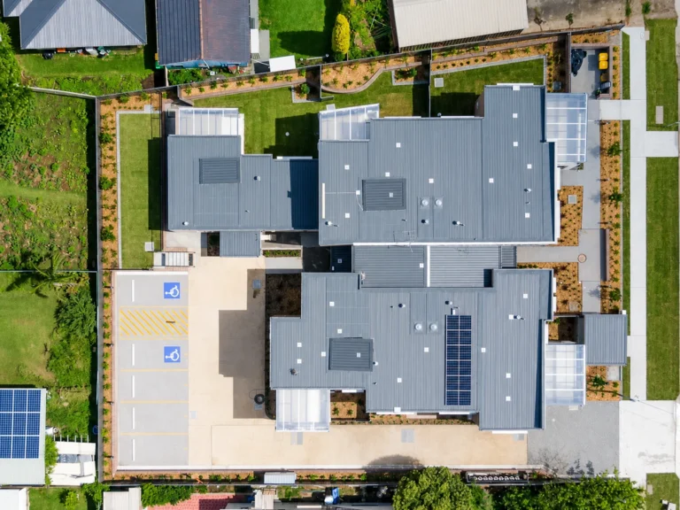 New metal roofing, wall cladding and awnings at a seniors living development in Busby, Sydney